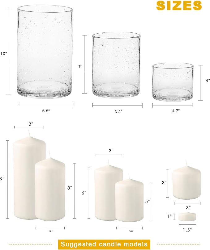 Hurricane Candle Holders Glass Cylinders Set of 3 | Clear Seeded Bubbles - Image 6