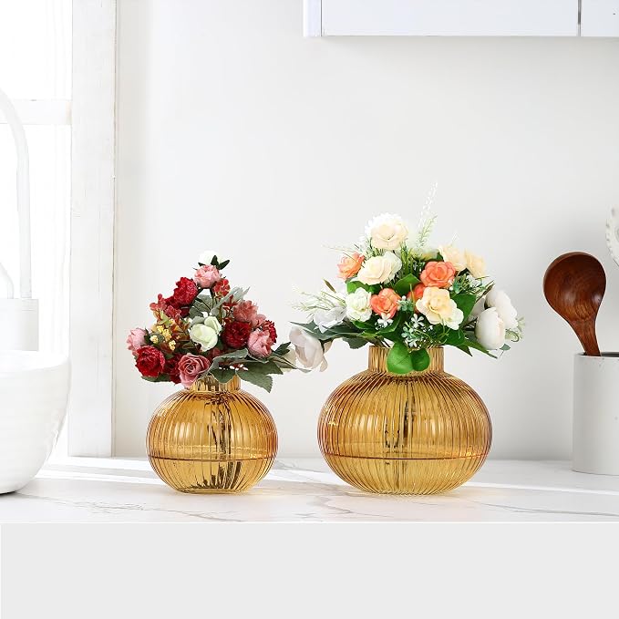 Amber Glass Vases for Tulips, Flower Vases for Bouquet, Ribbed Glass Vase for - Image 5