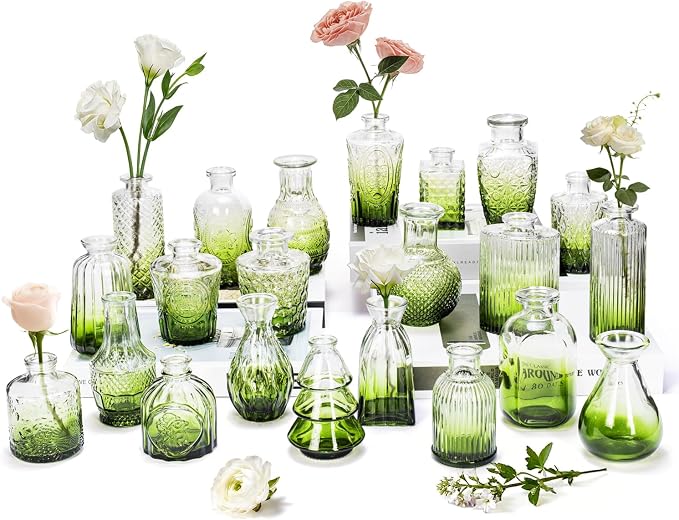 Clear Gradient Green Glass Bud Vase Set of 22 Pcs, Small Bud Vases in Bulk by JXINDUJU