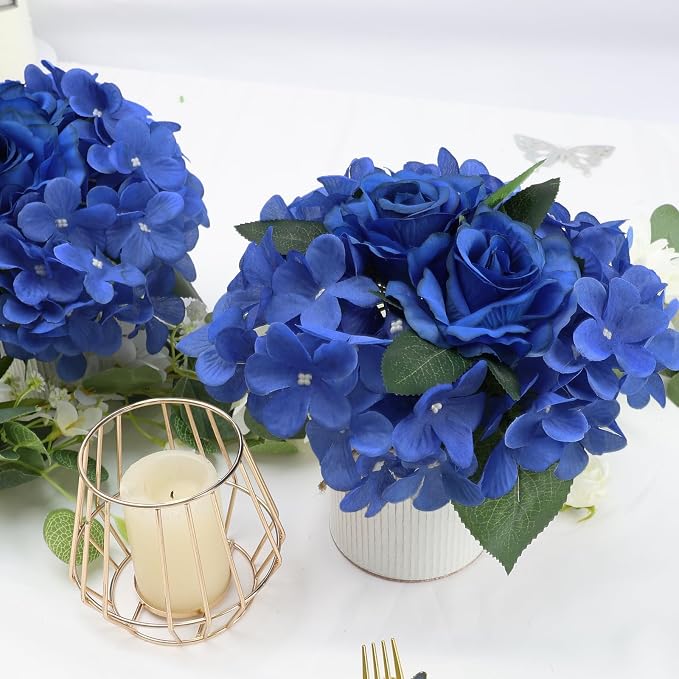 Royal Blue Flower Table Centerpieces, Rose & Hydrangea | Floral Arrangement - Image 7