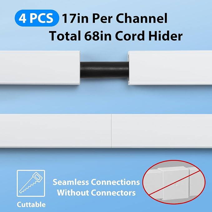 ZhiYo 68" Cord Hider for 1 Cable, Small White Wire Covers, 0.6" W x 0.4" H | - Image 4
