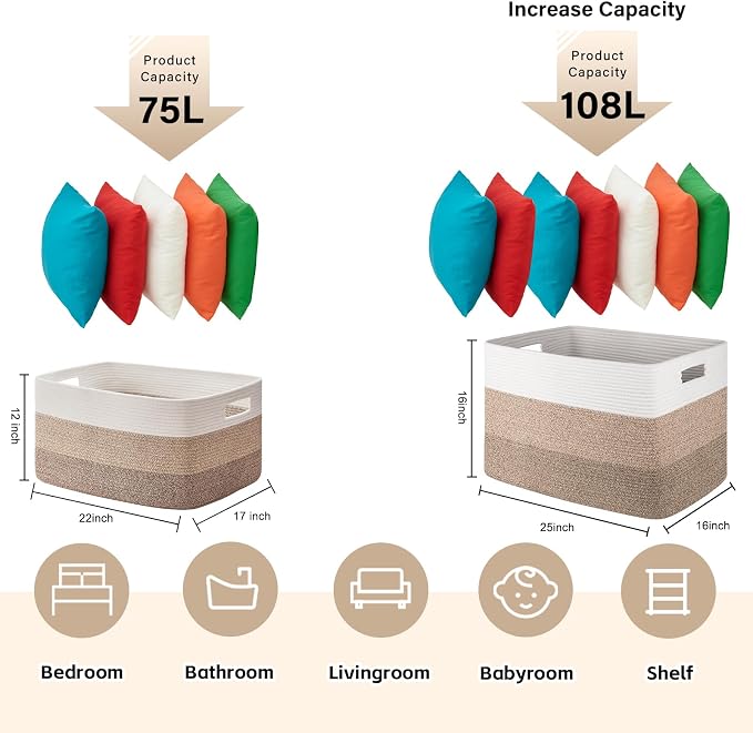 OIAHOMY Blanket Basket Laundry Basket Dog Toy Basket 108L Gradient Brown | - Image 3