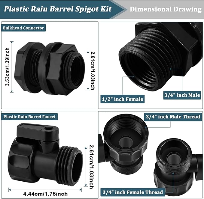Rain Barrel Spigot Kit 4 Kit Water hose Shut-Off Ball Valve Plastic Garden Hose - Image 2