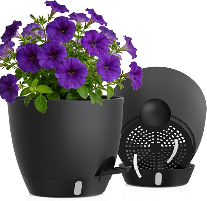 Self Watering Pots with Drainage Holes, 2 Pack 10 Inch Plant Pots with Water by KUGAZ
