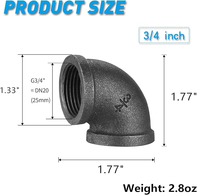 3/4" Pipe Fitting Elbow, Home TZH 10 Pack DN20 Gray Threaded Cast Malleable - Image 2