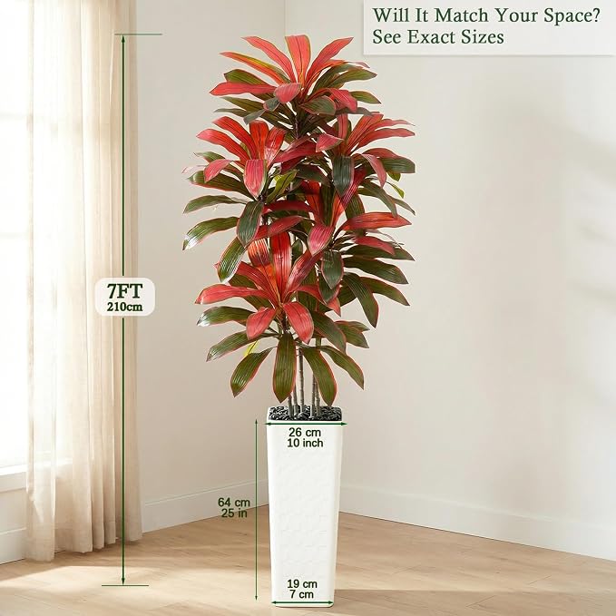 Artificial Dracaena Tree: 7FT Fake Plants Silk Faux Trees（White Pot） | - Image 2