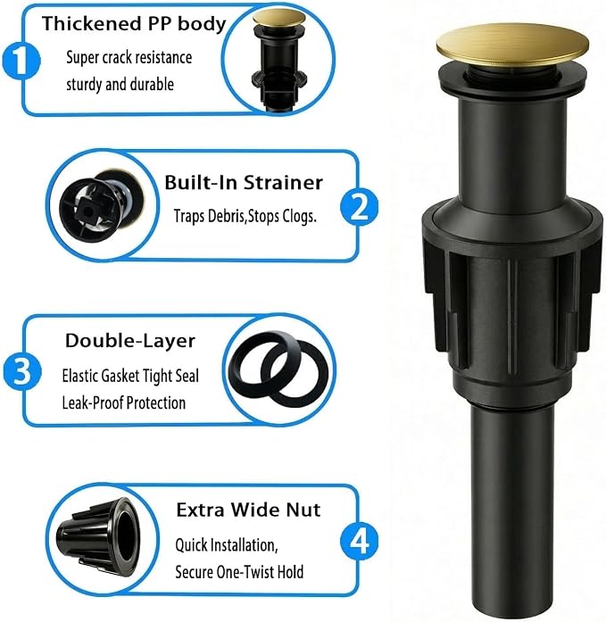 Bathroom Sink Drain Without Overflow- Brushed Gold Pop up Drain - Image 5