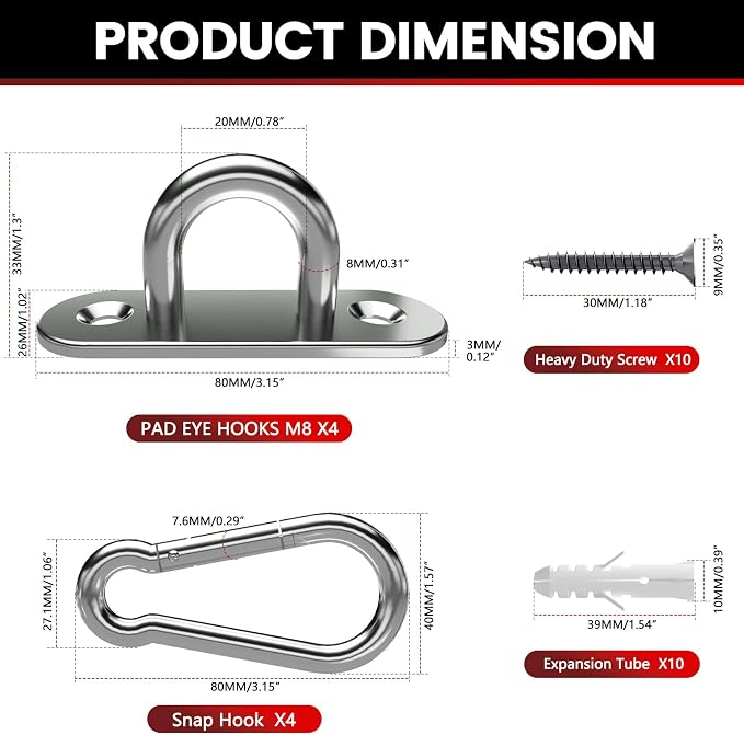 304 Stainless Steel Pad Eye Snap Hook, M8 Ceiling Hook 1200Lb, Yoga Gym - Image 4