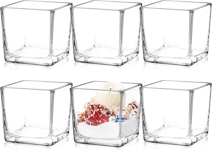6 Pack Square Glass Vases 3" x3" x 3", Wedding Party Home Decor by Comrzor