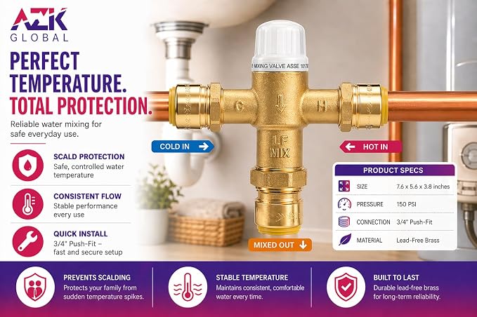 3/4" Push-Fit Thermostatic Mixing Valve, Cert: ASSE, NSF | TMV, Precise water - Image 5