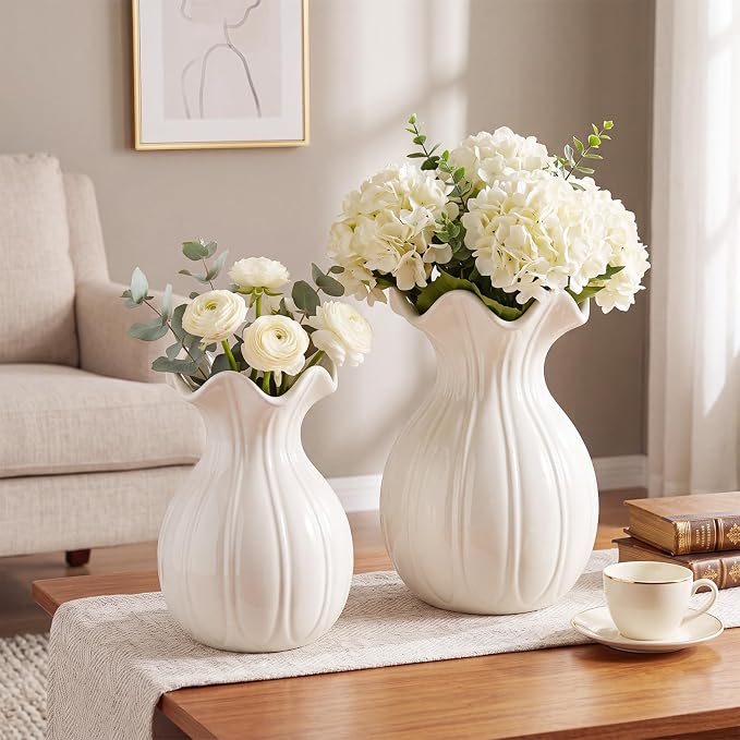 2 Pack White Ceramic Vase Set Small Rustic, Elegant | Decorative Flower Vases by Ferrochef