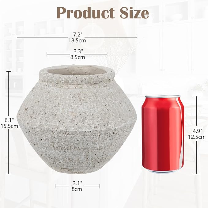 Briful Rustic Ceramic Vase 6'' Decorative Farmhouse Table Vase, Off White | - Image 3