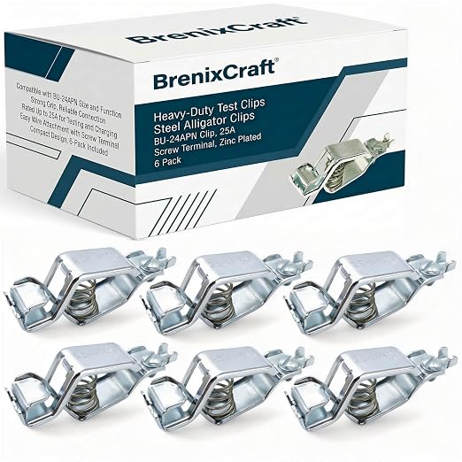 25 Amp Heavy-Duty Alligator Test Clips 6 Pack | Electrical Battery Clamps by BrenixCraft