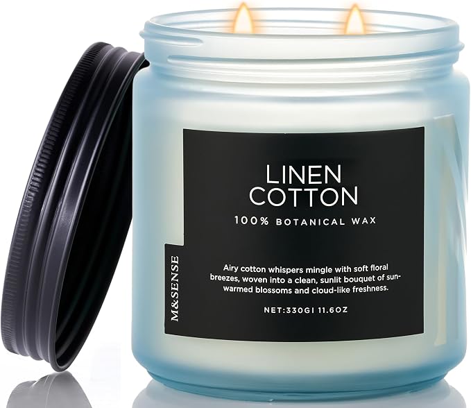 M&SENSE Fresh & Linen Cotton Scented Candles, 11.6oz Natural Soy Wax | 70-Hour by MSENSE