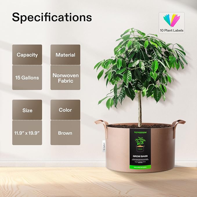 VIVOSUN 5-Pack 15 Gallon Plant Grow Bags Fabric Pots - Image 2