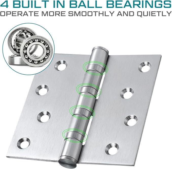 18 Pcs Silver 4'' Ball Bearing Door Hinges, Square Corner | Stainless Steel - Image 5