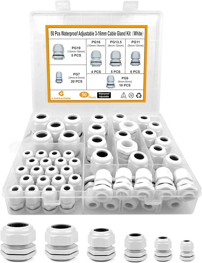 Cable Gland Waterproof, LISTENJIALE 50 pcs Adjustable 3-16mm Waterproof Cable by LISTENJIALE
