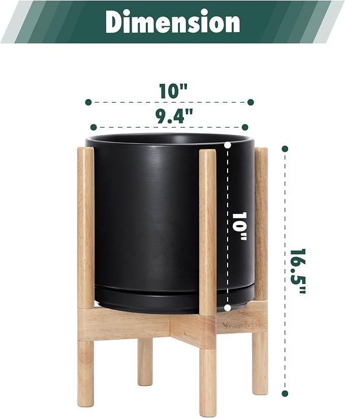 D'vine Dev Ceramic Pot with Natural Wood Stand, 10 in, 55-B-K-2 | Mid-Century - Image 3