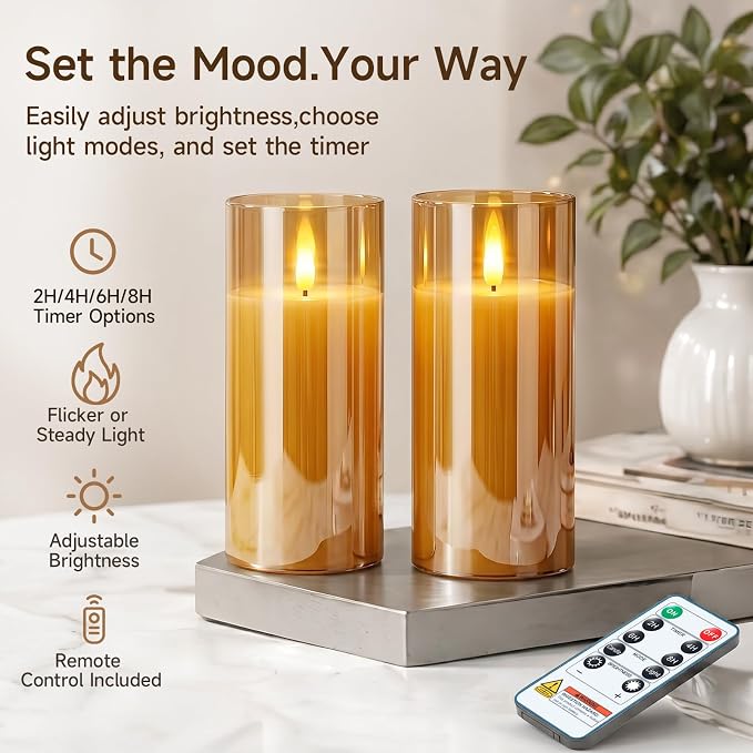 Homemory Amber Glass Flameless Candles, Real Wax, Remote Timer, 2 Pack | D3"xH6" - Image 5