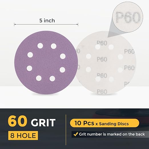 HARFINGTON 10Pcs 5Inch Sanding Disc 8 Hole 60Grit Purple Aluminum Oxide | Hook - Image 2