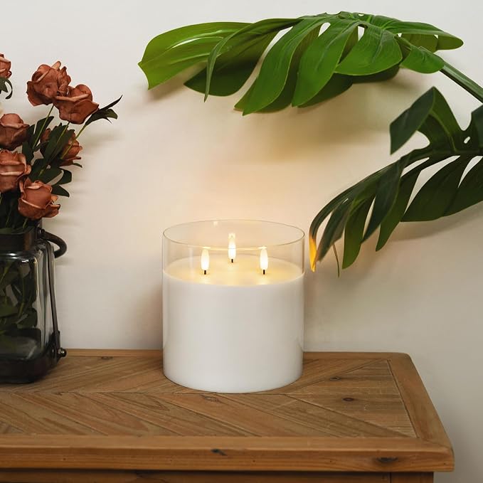 Homemory Pure White Large Glass Flameless LED Candle, 3 Wicks, Remote Timer | - Image 4