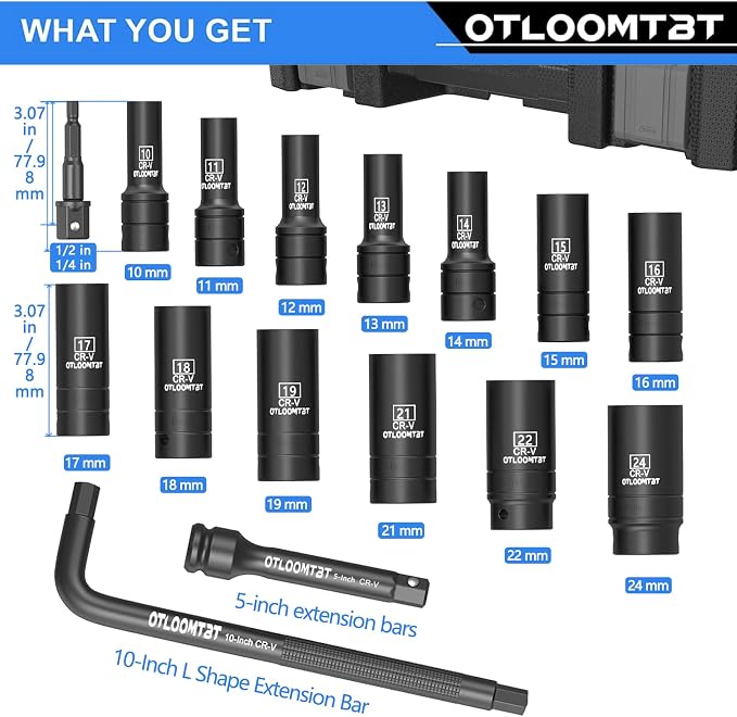 OTLOOMTBT 16PCS 1/2" Drive Impact Socket Set | Heavy Duty CR-V Steel - Image 2