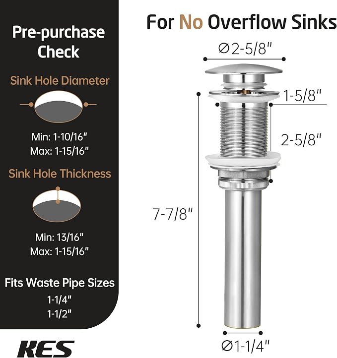 KES Bathroom Sink Drain Without Overflow, Brushed Nickel Pop Up Drain - Image 6