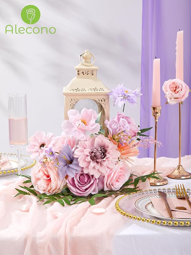 Alecono Pink and Purple Artificial Flowers, Silk Fake Flower Set | - Image 3