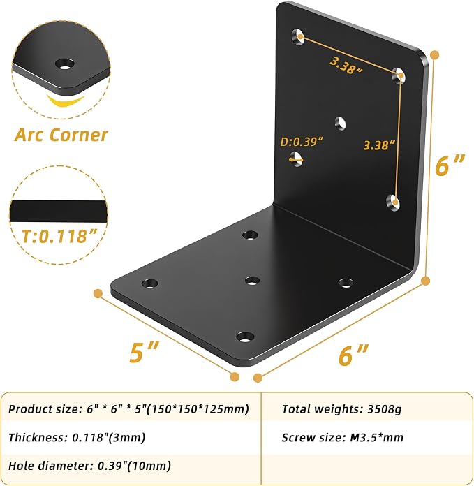 4-Pack L Right Angle Bracket 6" x 6" x 5" Heavy Duty Steel Corner Bracket | - Image 5