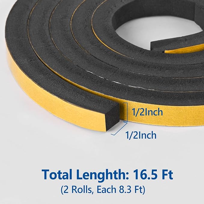 Self Adhesive Foam Tape Weatherstrip 1/2in x 1/2in x 16.5Ft High Density Foam - Image 2