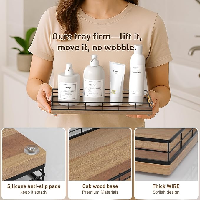 Toilet Paper Basket Organizer, Acacia Wood Toilet Tank Tray, Metal Frame | - Image 5