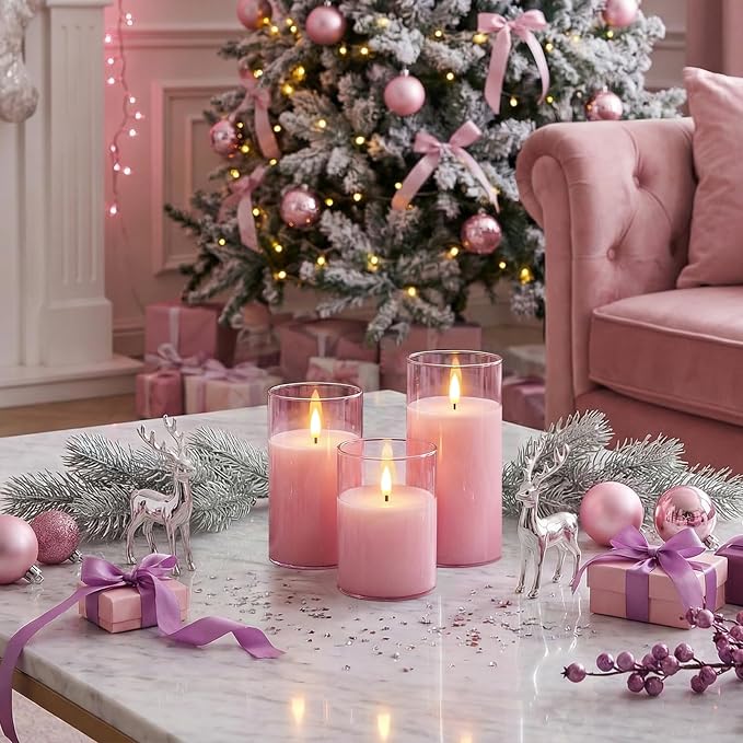 Homemory Pink Glass Flameless Candles, Real Wax, Remote Timer, 3 Pack | - Image 2