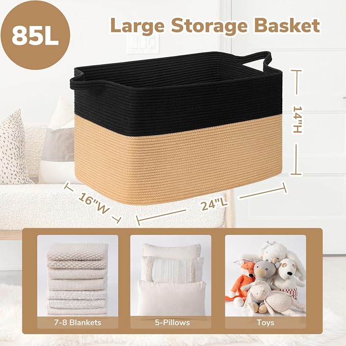 Goodpick 85L Large Woven Rope Blanket Basket, Pillows & Toys, Home Organization - Image 3