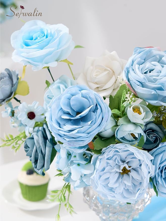 Serwalin Artificial Flowers, Light Blue Silk Fake Flowers - Image 6