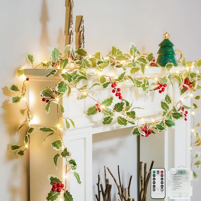 String Light with Red Berries&Holly Leaf Battery Powered Copper Wire | 12.5FT by SUDDUS