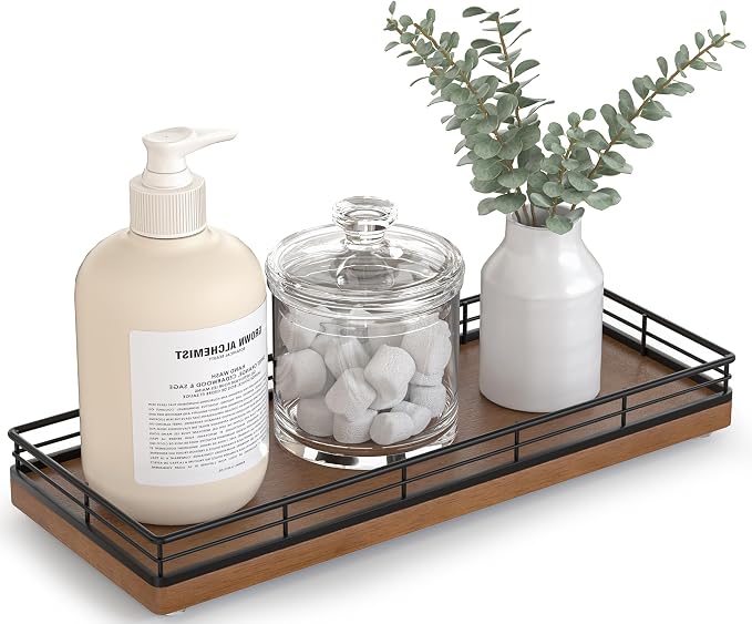 Bathroom Tray for Counter Top Organizer, Oak Wood Vanity Tray | Metal Frame for by Focusonit