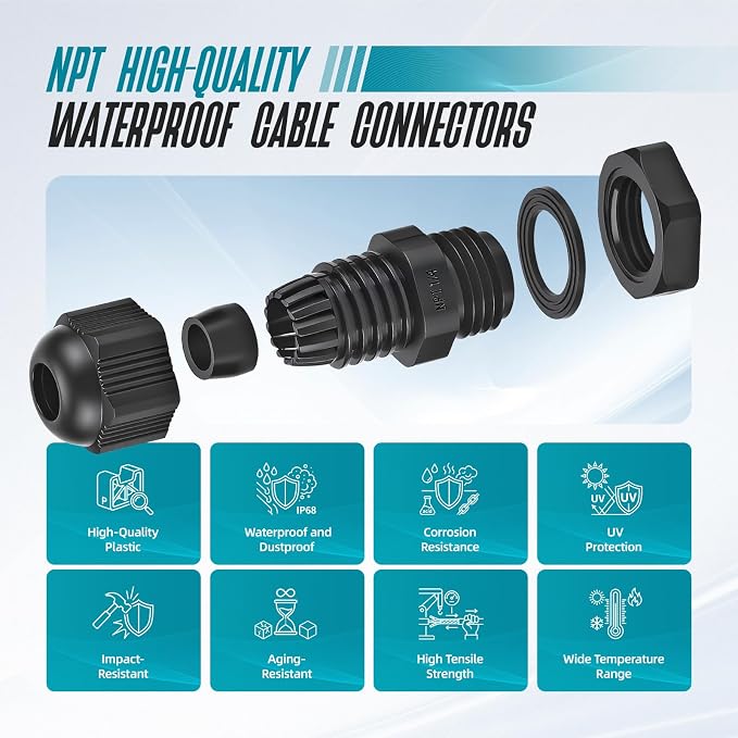 50 Pcs 1/4" NPT Cable Glands, IP68 Waterproof Adjustable Nylon Strain Relief - Image 5