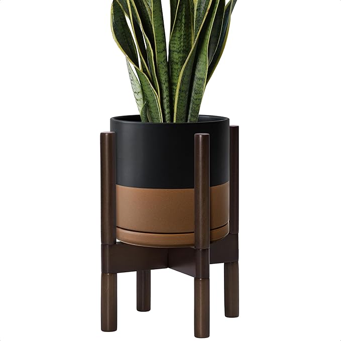D'vine Dev Ceramic Pot with Walnut Wood Stand, 8 in, 55-B-Y-7 | Mid-Century by DvineDevPlanterPotsandStand