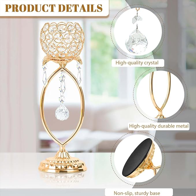 2 Pcs Gold Elegant Metal Crystal Tea Light Candle Holders - Image 3