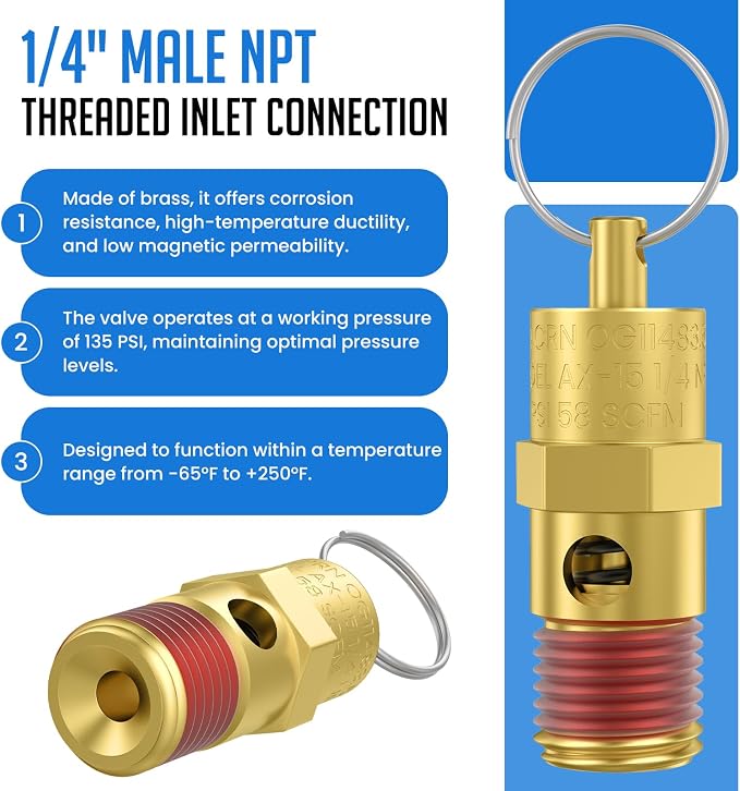 2 Pcs 1/4" NPT 135 PSI Air Compressor Pressure Relief Valve, Brass Safety Valve - Image 4
