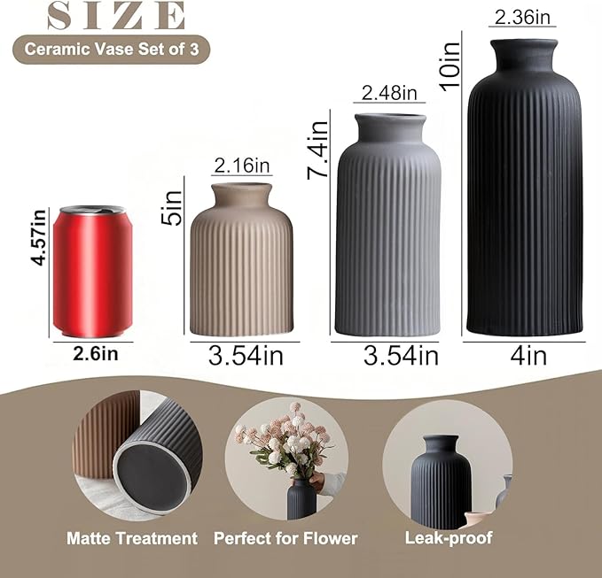 Large Modern Ceramic Vase Set, 3-Piece Decorative Vases - Image 6