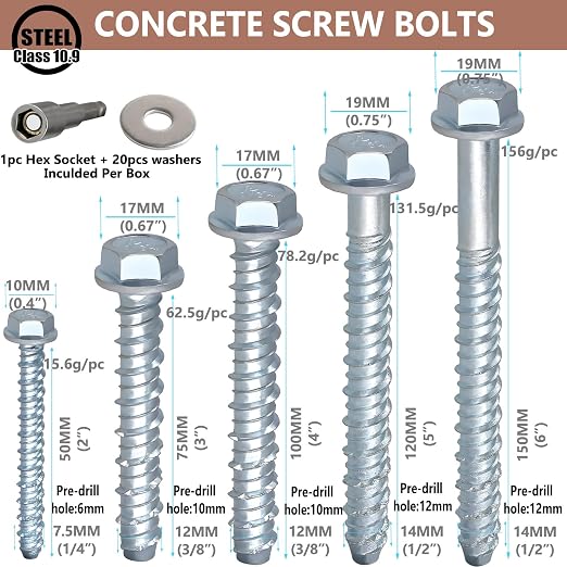 20PCS 1/4" x 2" Heavy Duty Concrete Screw Bolts Hex Head, Masonry Bolts - Image 6