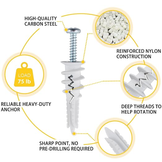 JEGONFRI 60PCS Self-Drilling Drywall Anchors and Screws Kit, Holds 75Lbs | No - Image 2