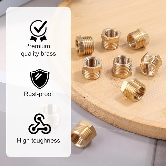9pcs Brass Reducer Hex Bushing, 1/4" NPT Male to 1/8" NPT Female Adapter | - Image 3