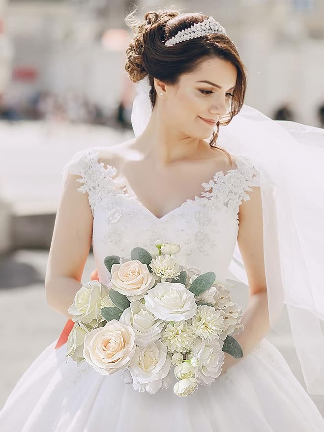 FACINOC Roses Artificial Flowers White Bouquet Fake Flower - Image 2