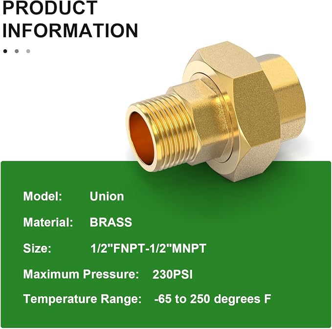 2PCS Brass Union，1/2" NPT Male x 1/2" NPT Female Brass Pipe Fitting - Image 4