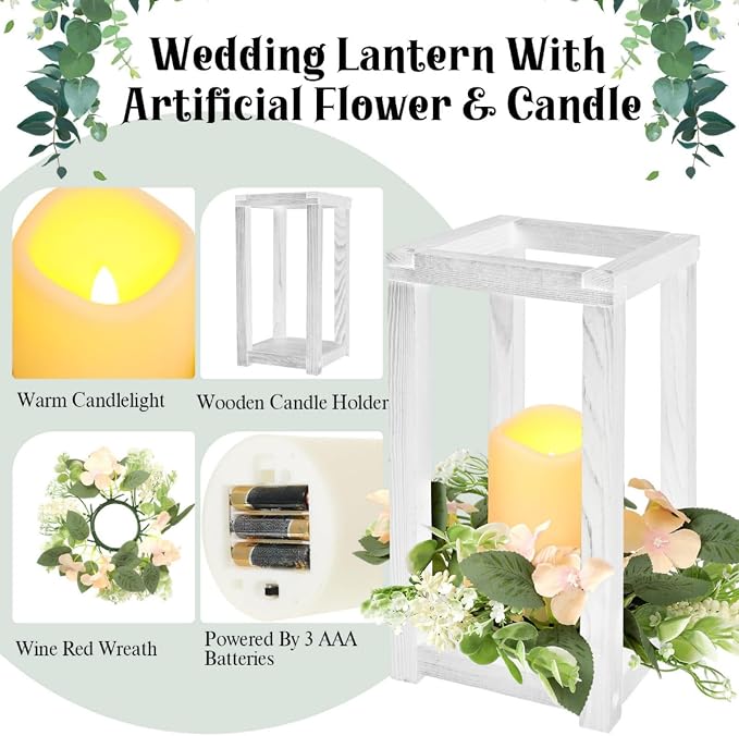 Hushee 30 Pcs Wooden Wedding Lantern Centerpiece Candles Wreaths Set, LED - Image 4