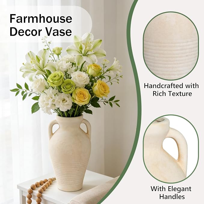 11 Inch Ceramic Vase with Handles, Tall Vase - Image 3