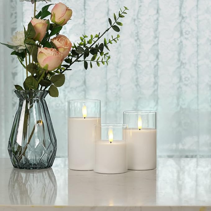 Homemory Pure White Glass Flameless Candles, Real Wax, Remote Timer, 3 Pack | - Image 7