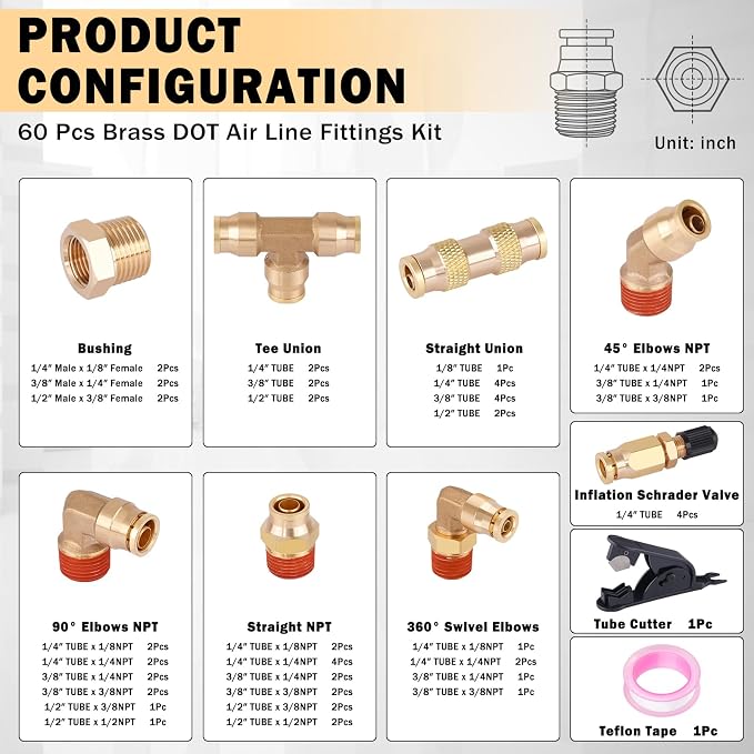 CheeMuii 60 Pcs Brass DOT Air Line Fittings Kit DOT Push to Connect Fitting | - Image 2